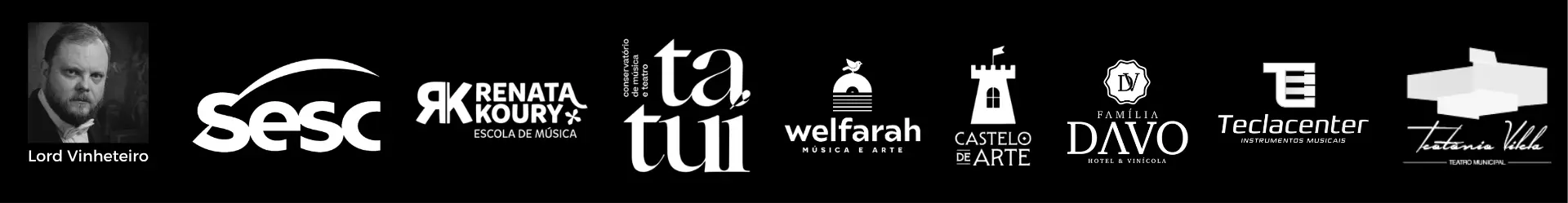 Logotipos de clientes famosos e instituições parceiras da Piano's Tuner, incluindo Sesc, Conservatório de Tatuí, Teatro Teotônio Vilela e Lord Vinheteiro.